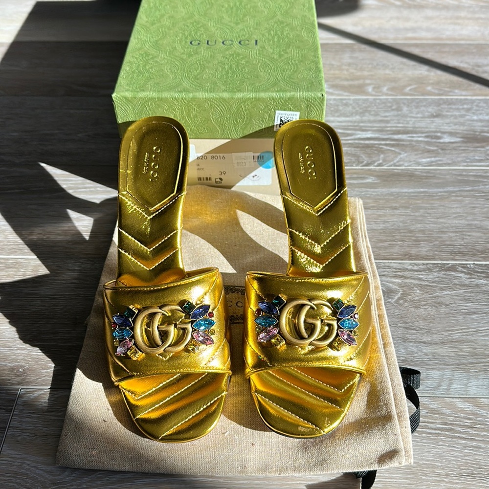 Gucci
 Embellished Quilted High Heel Slide Sandals